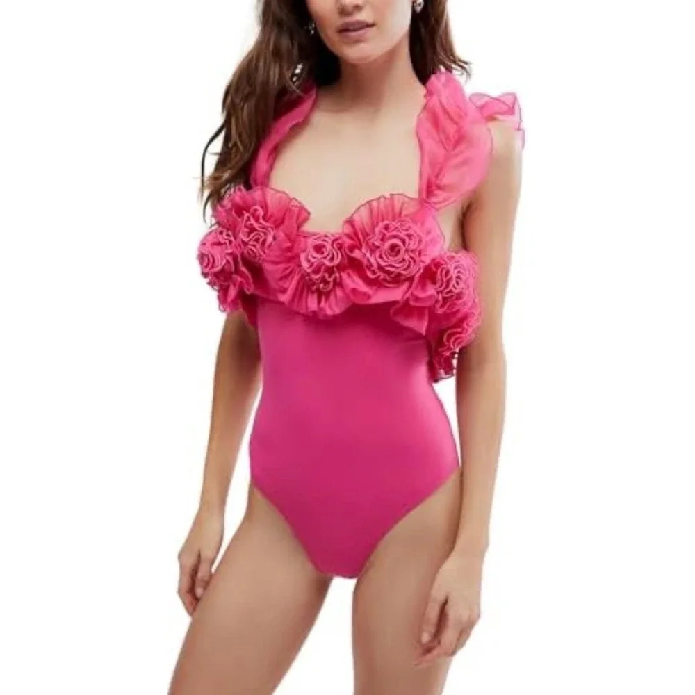 Free People Pink Rosette Ruffle Bodysuit Floral 3D Applique Fuchsia‎ Sleeveless